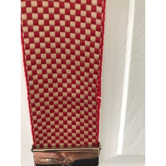 Vintage Big Sport Red & Tan Checkered Suspenders Leather Elastic Braces Silver - Picture 3 of 9